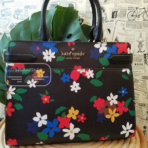 MEDIUM SATCHEL STACI SAILING FLORAL BLACK WHITE YELLOW BLUE CROSSBODY KATE SPADE